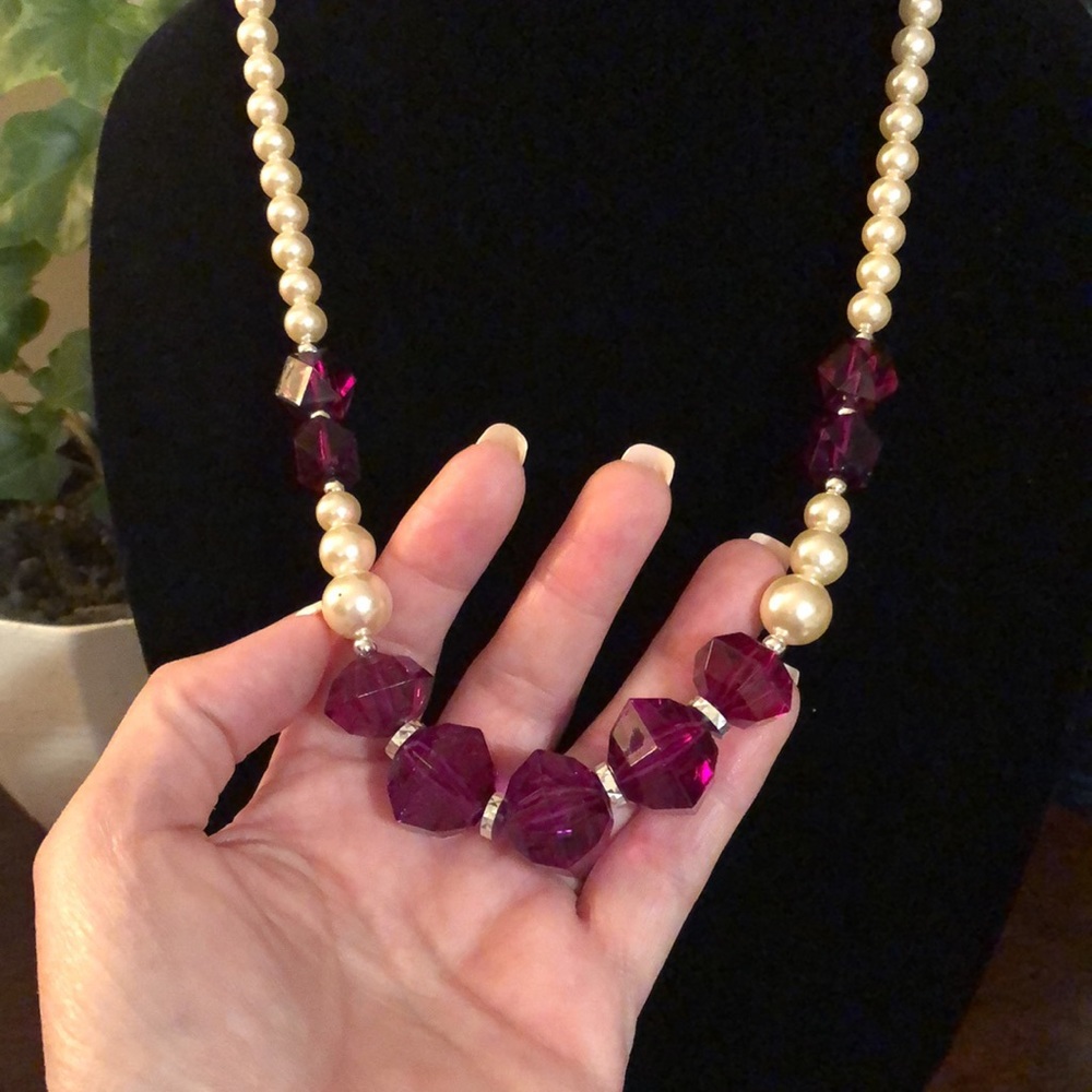 Vintage Necklace Purple Beads with Pearls and Diamond Spacers